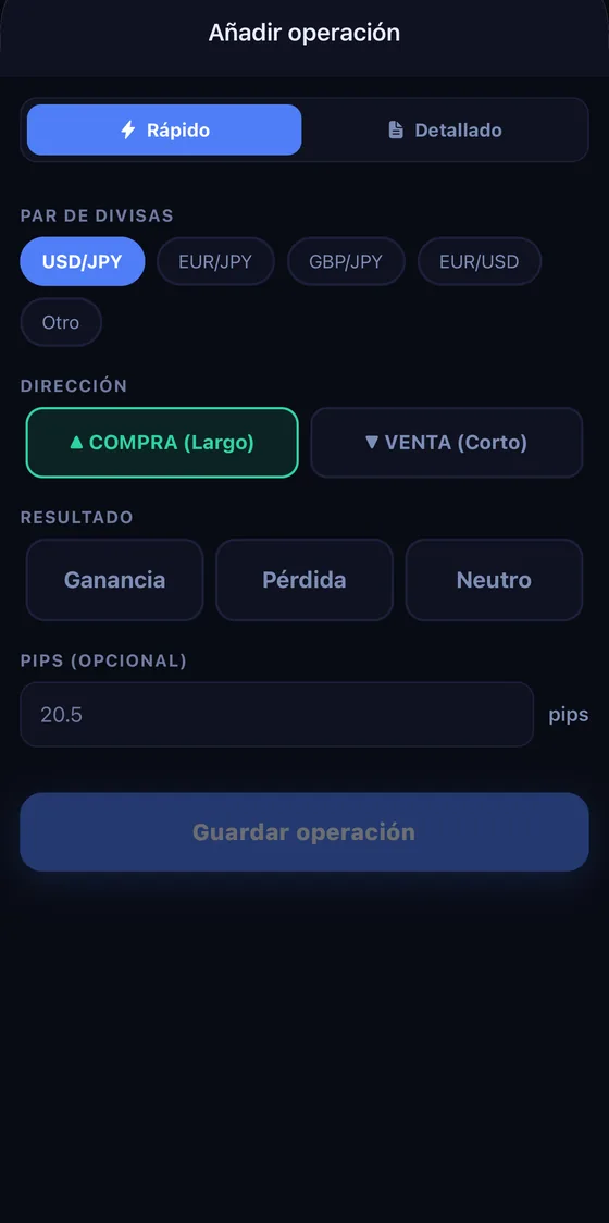 El formulario de registro: elige par y lote y los pips se calculan solos