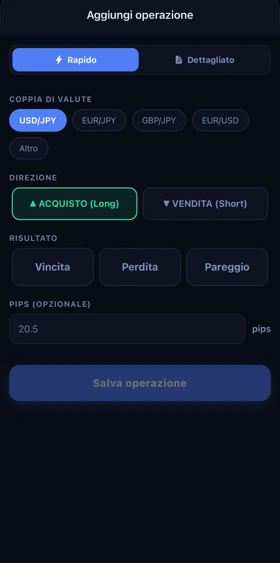 Il modulo di inserimento: scegli coppia e lotto, i pips vengono calcolati