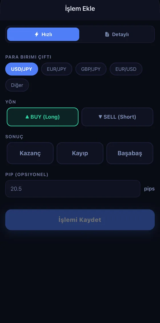 İşlem kayıt formu: parite ve lot seçin, pipler otomatik hesaplansın