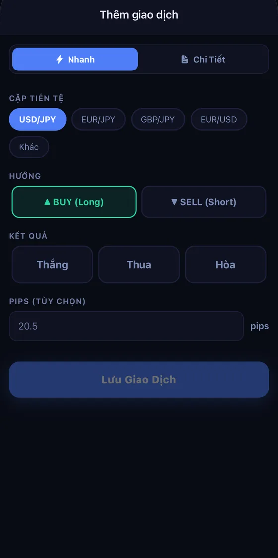 Biểu mẫu ghi giao dịch: chọn cặp tiền và khối lượng, pips được tính tự động