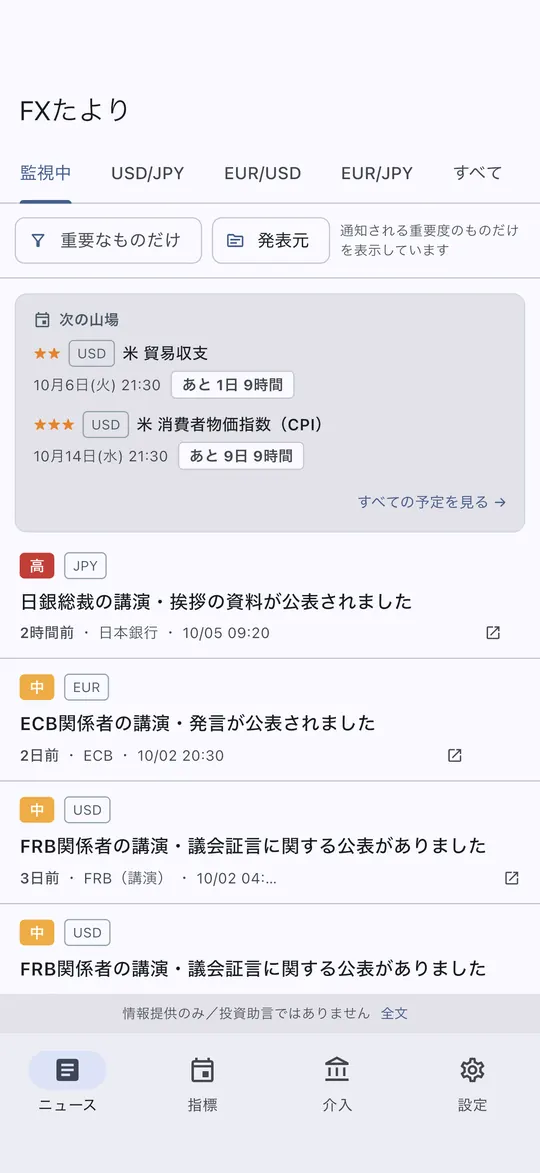 ニュースの画面。次の重要な発表の予定と、日本銀行・ECB・FRB の公表の一覧